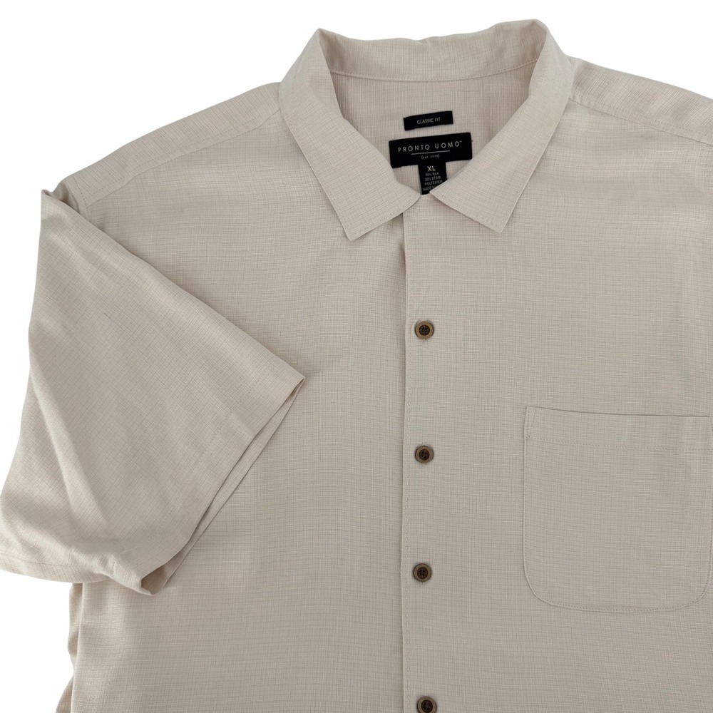 Pronto Uomo Mens XL Tan Silk Blend Short Sleeve Button Up Shirt Classic Fit